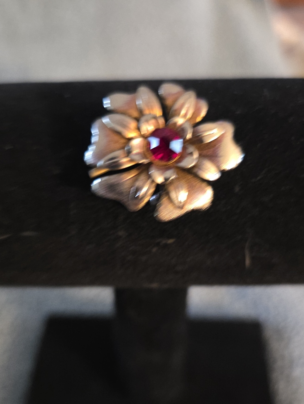 Gold Floral Ring with Red Center Stone